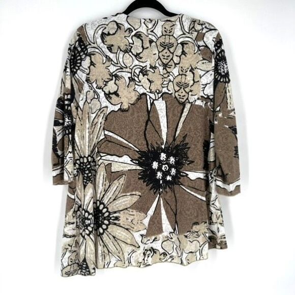 Lulu-B Women's Small 3/4 Sleeve Asymmetric Floral Print Retro Small Artsy Tan - Picture 2 of 10